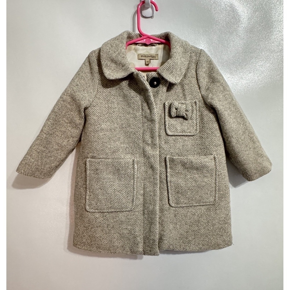 Hucklebones London Girls 3Y Wool Coat Ivory Gray Heathered Bow Detail